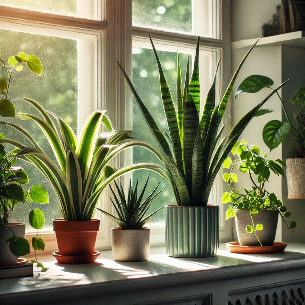 Close-up of air-purifying indoor plants by a window, including a spider plant, snake plant, and aloe vera.