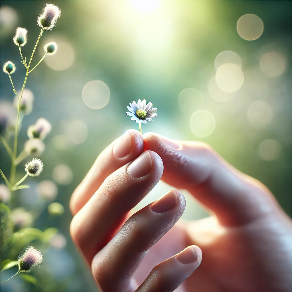 Person holding a small wildflower, symbolizing mindfulness and finding joy in simple moments