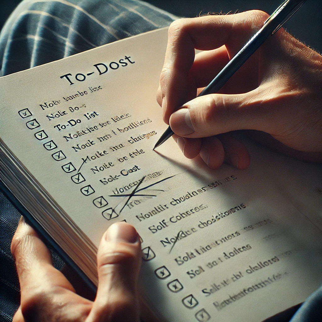 Person holding a to-do list with items crossed out, symbolizing prioritization and boundary-setting."