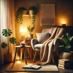 Cozy reading nook for self-care with soft lighting and plants.