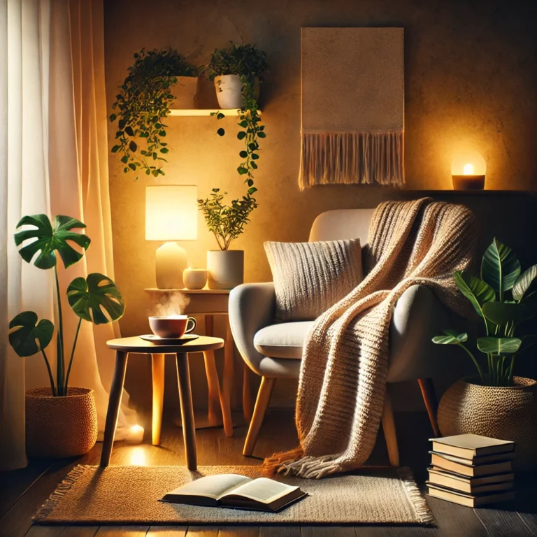 Cozy reading nook for self-care with soft lighting and plants.