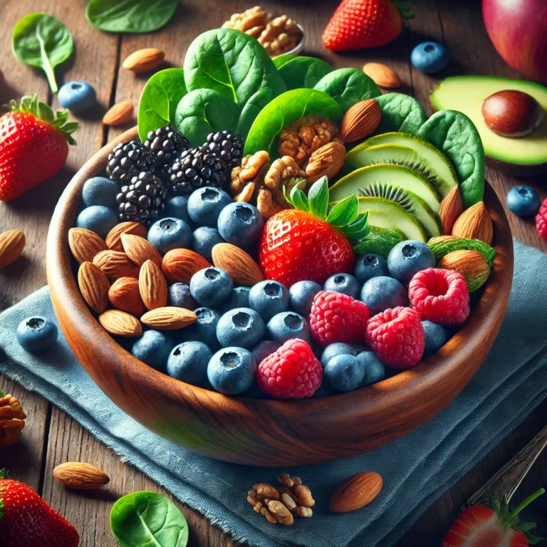 Bowl of colorful superfoods including berries, nuts, and leafy greens.