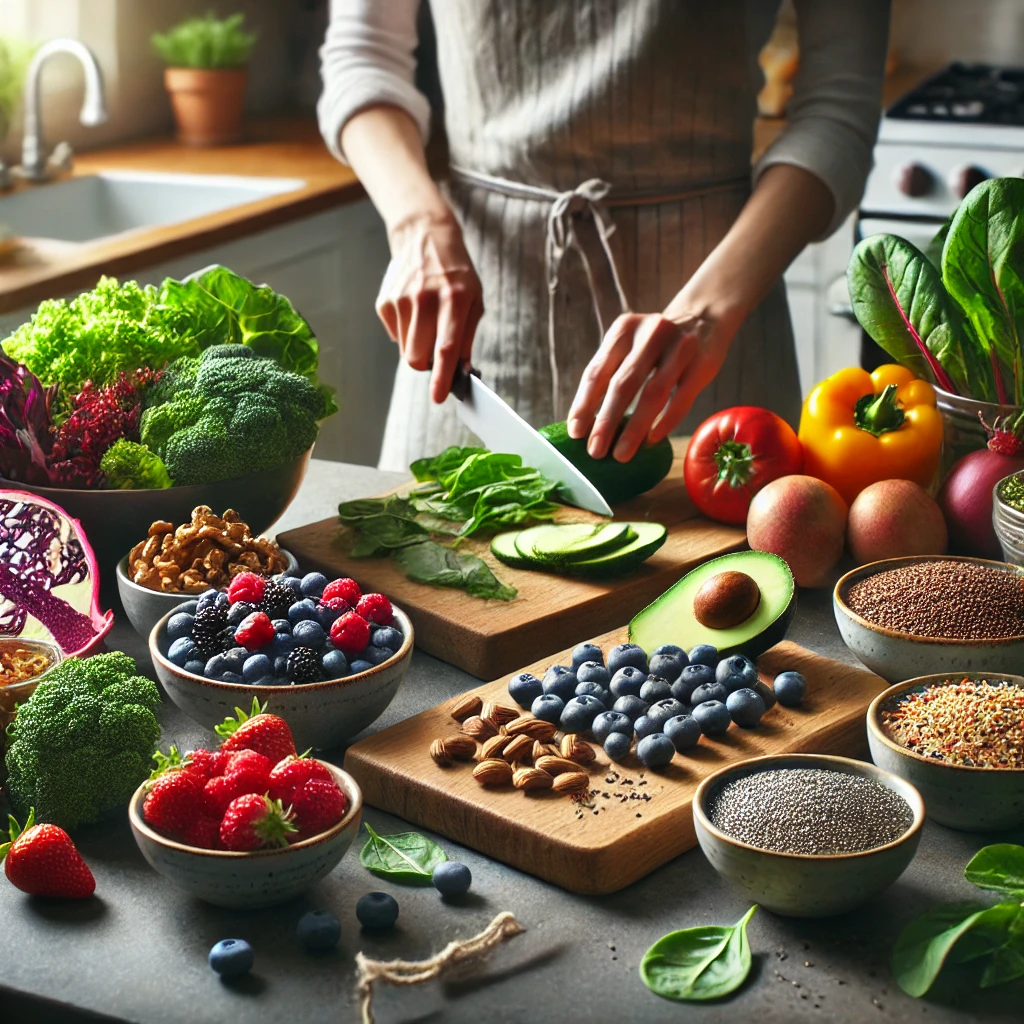 Person preparing a healthy meal with superfoods on the counter.