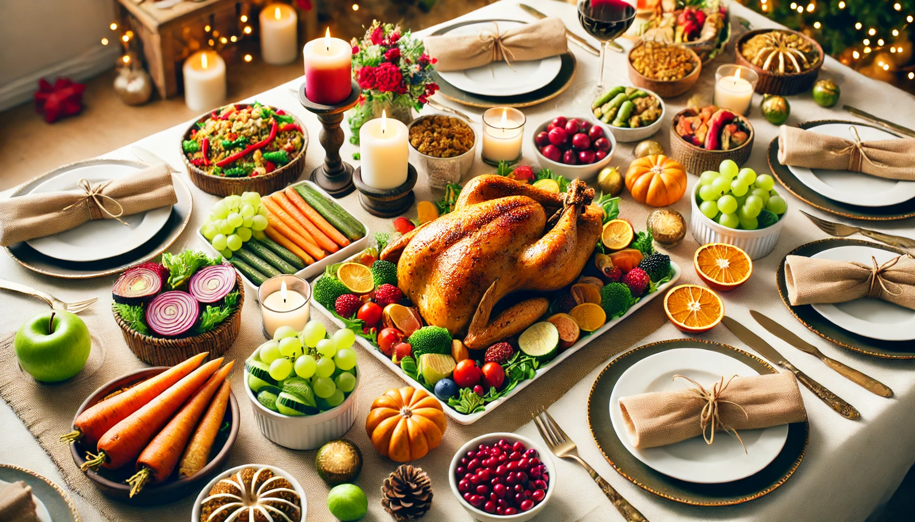 Healthy holiday dinner table with nutritious dishes like roasted vegetables, turkey, and quinoa salad.