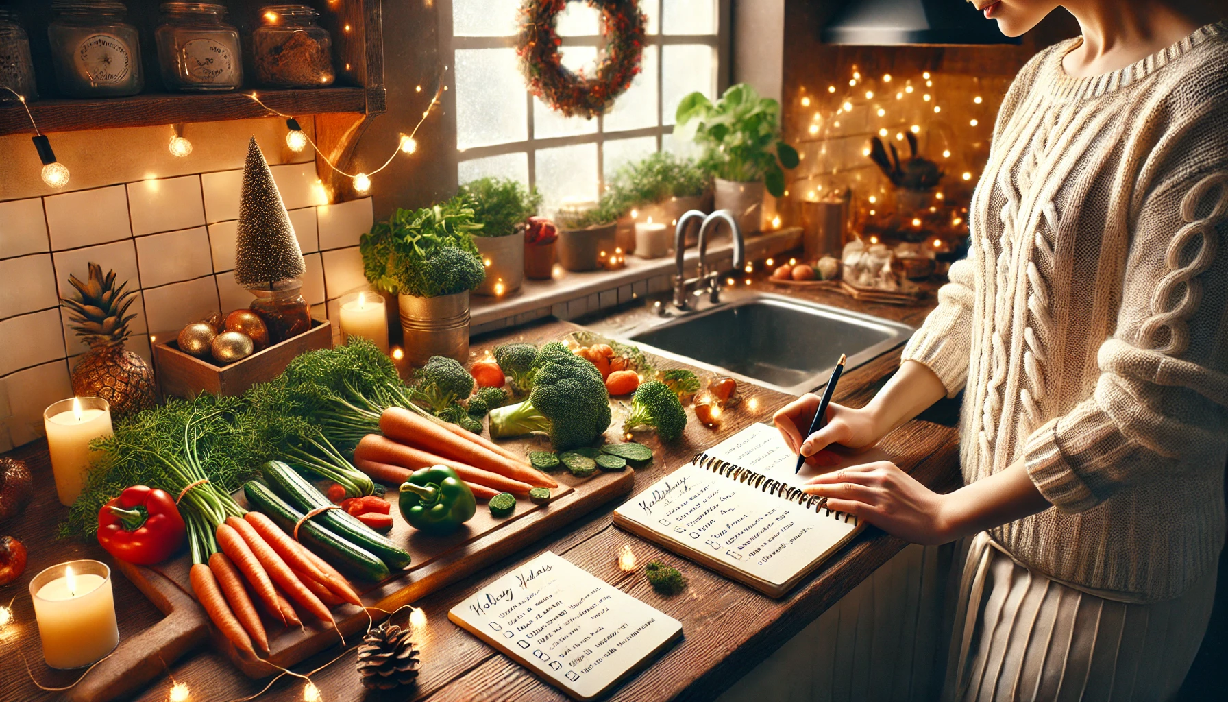 Person planning healthy holiday meals with fresh produce and a notebook on a kitchen counter.