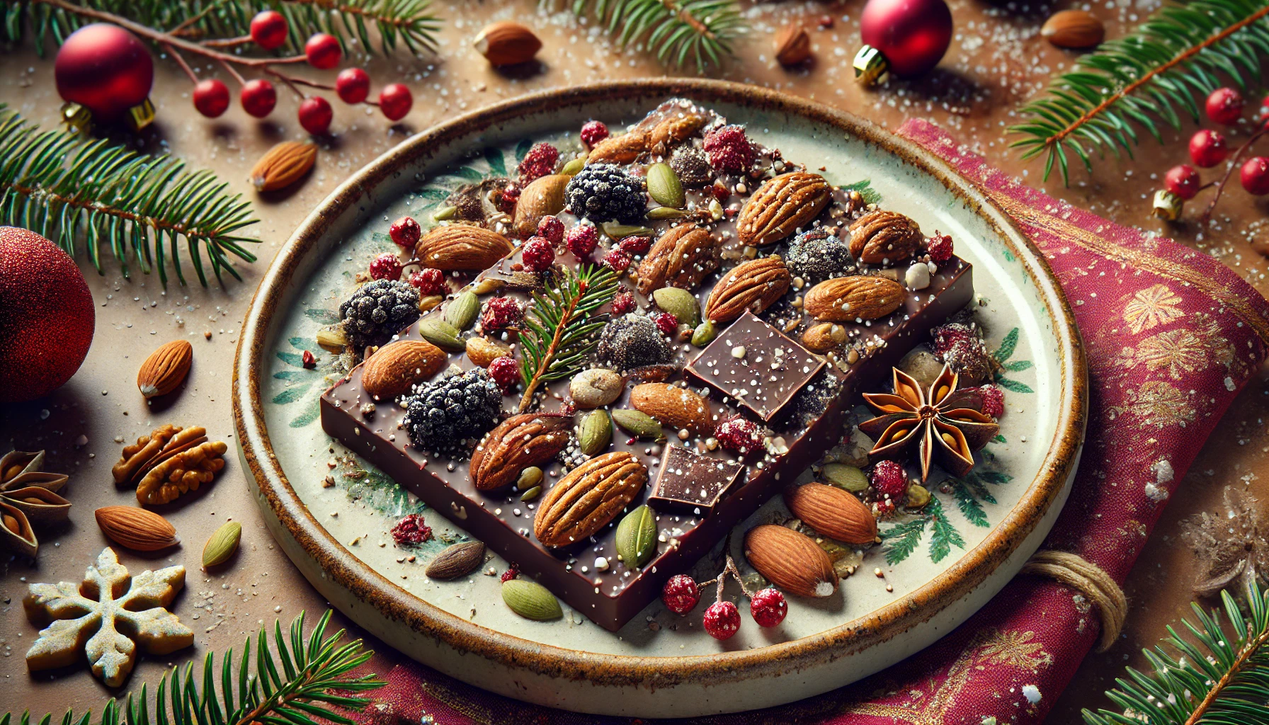 Dark chocolate bark with nuts and seeds as a healthier holiday dessert