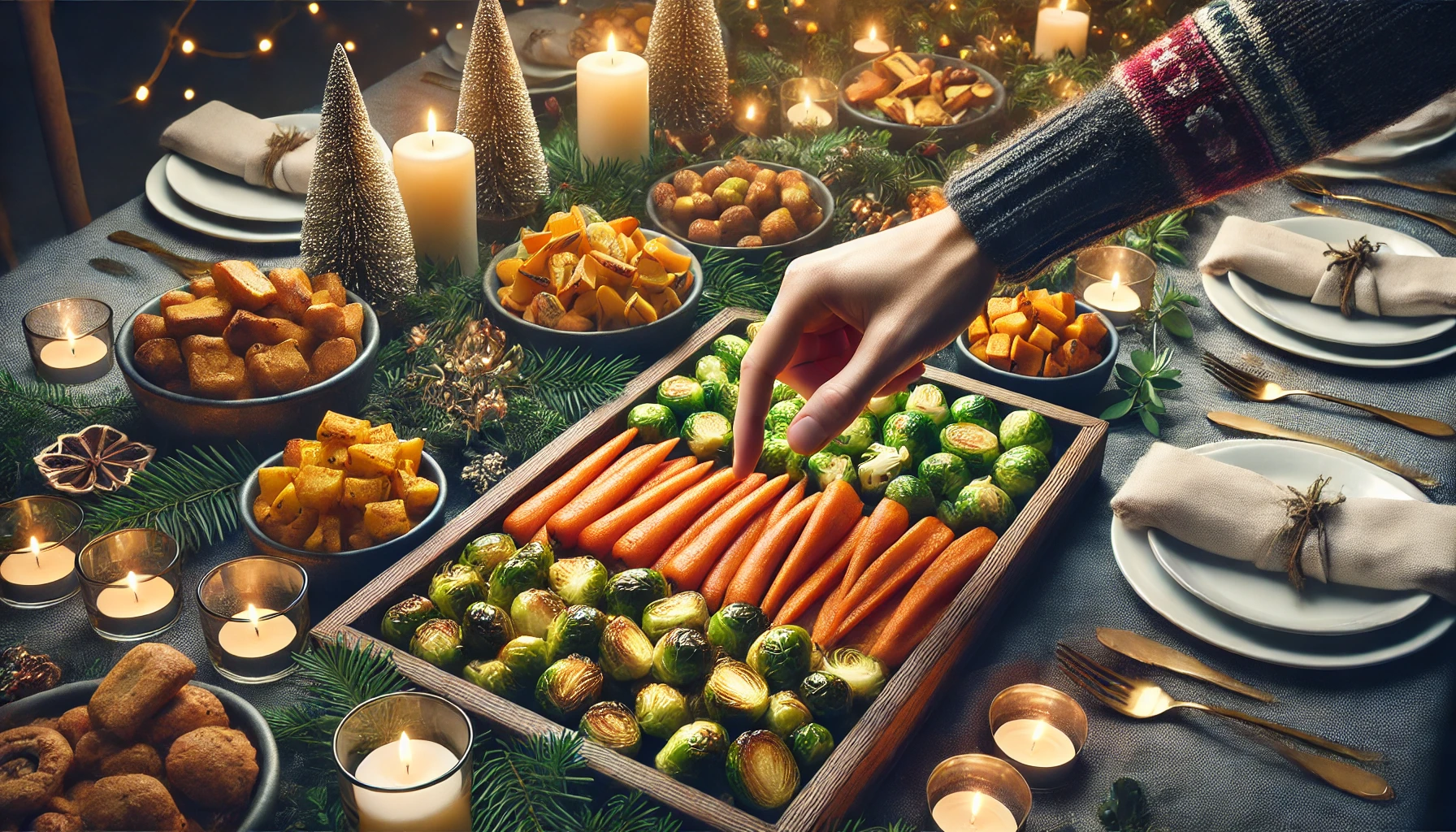 Hand selecting roasted vegetables from a buffet, demonstrating mindful eating in social settings.