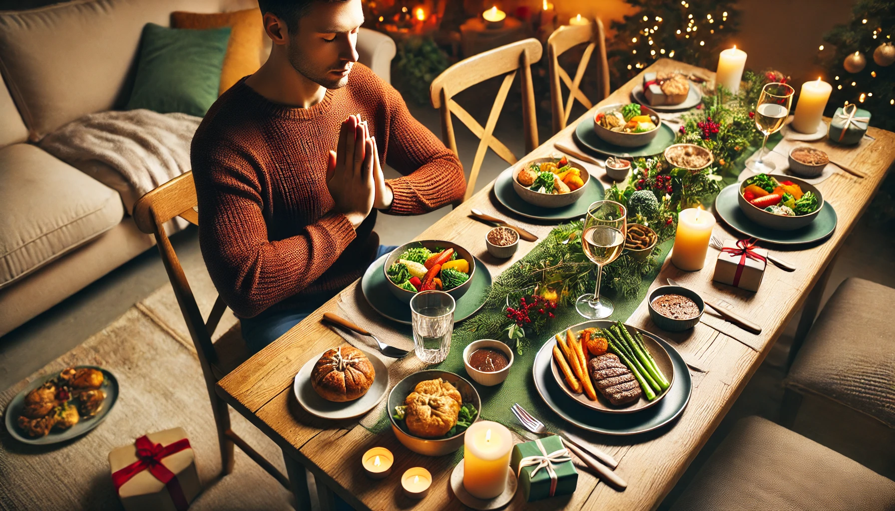 Person practicing mindful eating by pausing before a healthy holiday meal at a festive table.