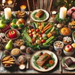 Festive holiday table with healthy dishes like vegetables, lean proteins, and desserts, promoting mindful eating during the season.