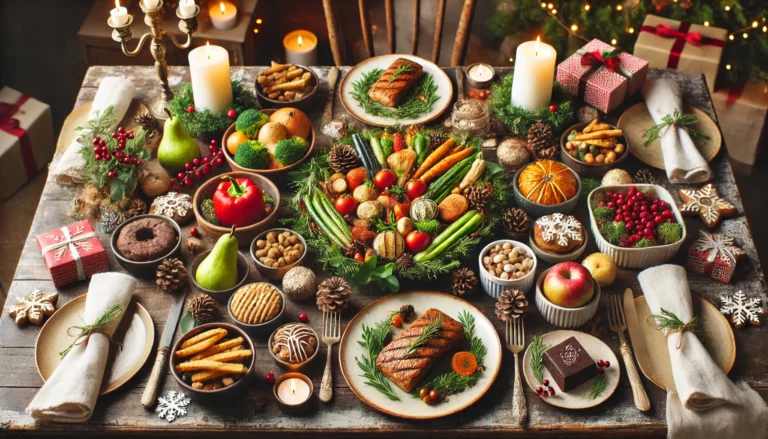 Festive holiday table with healthy dishes like vegetables, lean proteins, and desserts, promoting mindful eating during the season.