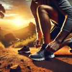 Person tying running shoes with sunrise, symbolizing consistency in workout routine.