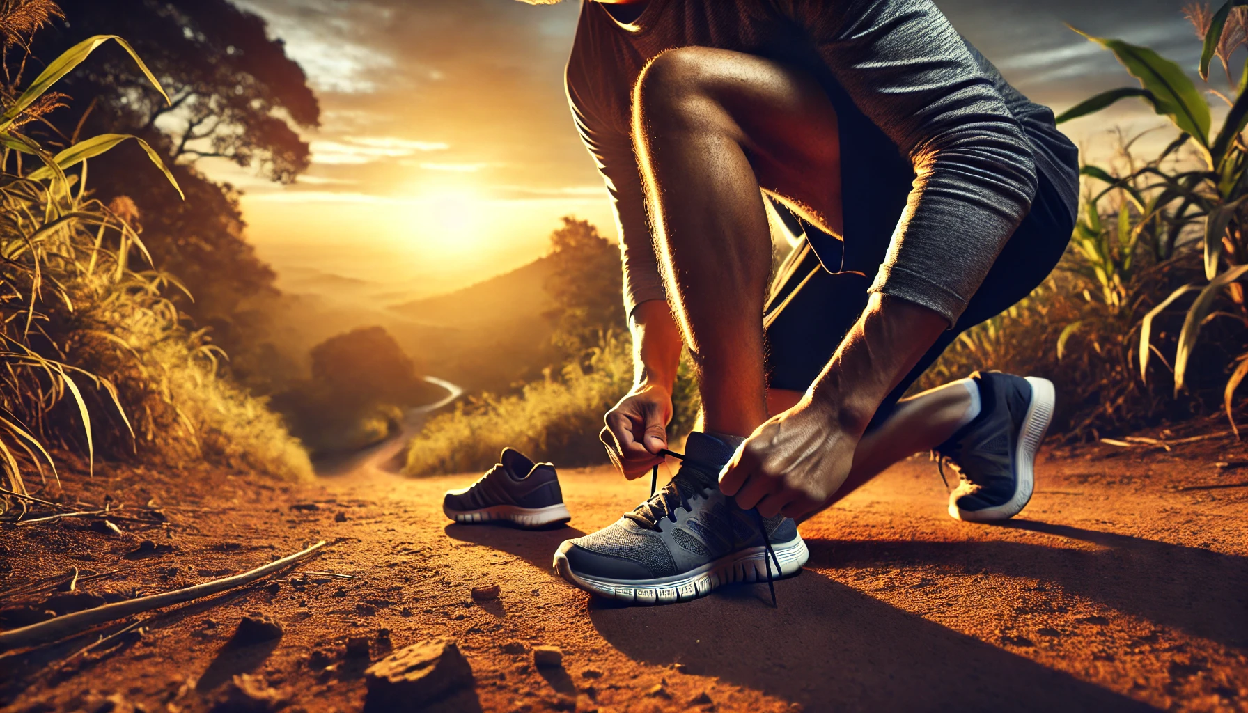 Person tying running shoes with sunrise, symbolizing consistency in workout routine.