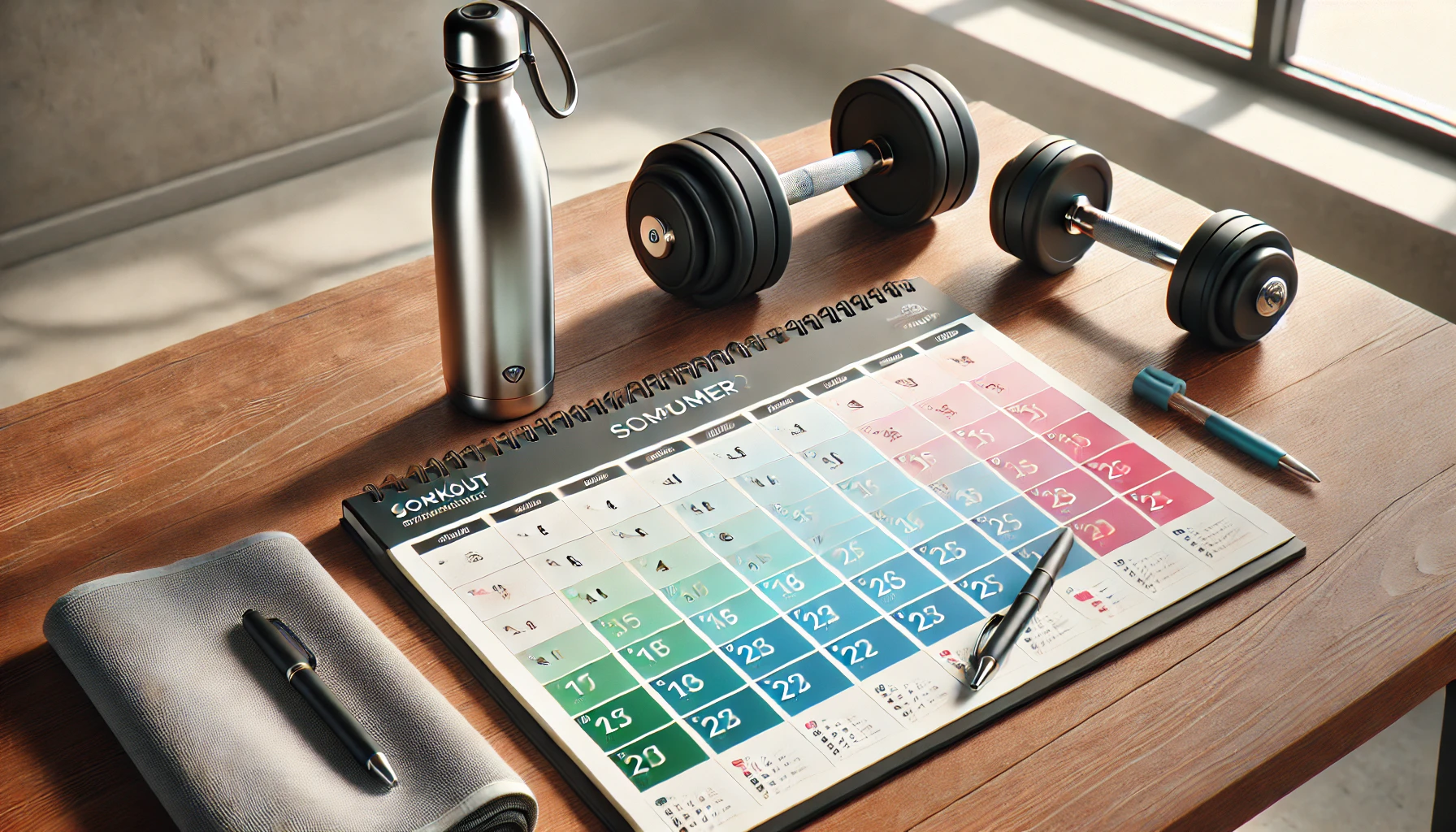 Workout calendar and dumbbells, highlighting the importance of scheduling for fitness consistency.