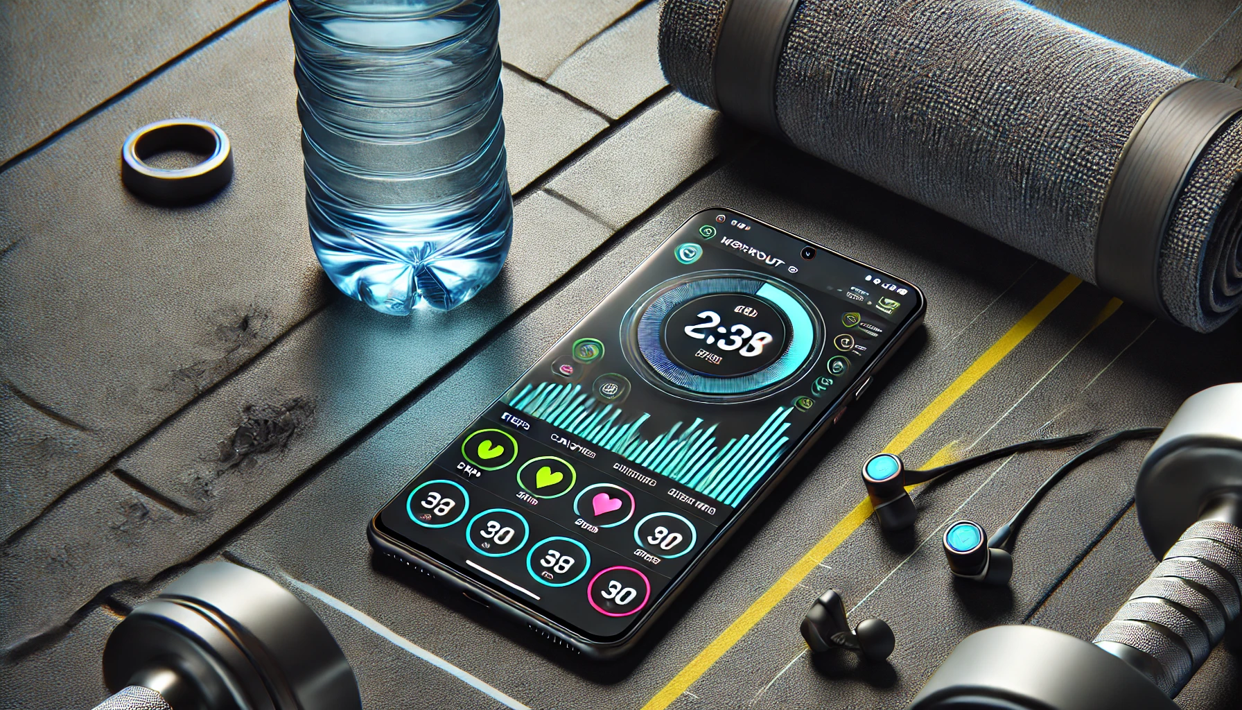 A smartphone displaying a fitness tracker app surrounded by gym essentials, highlighting the importance of tracking workout progress.