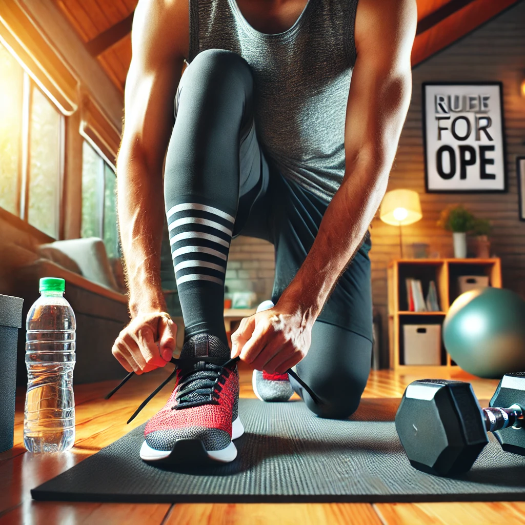 A person tying their gym shoes in a home gym, symbolizing commitment to a personalized workout plan.