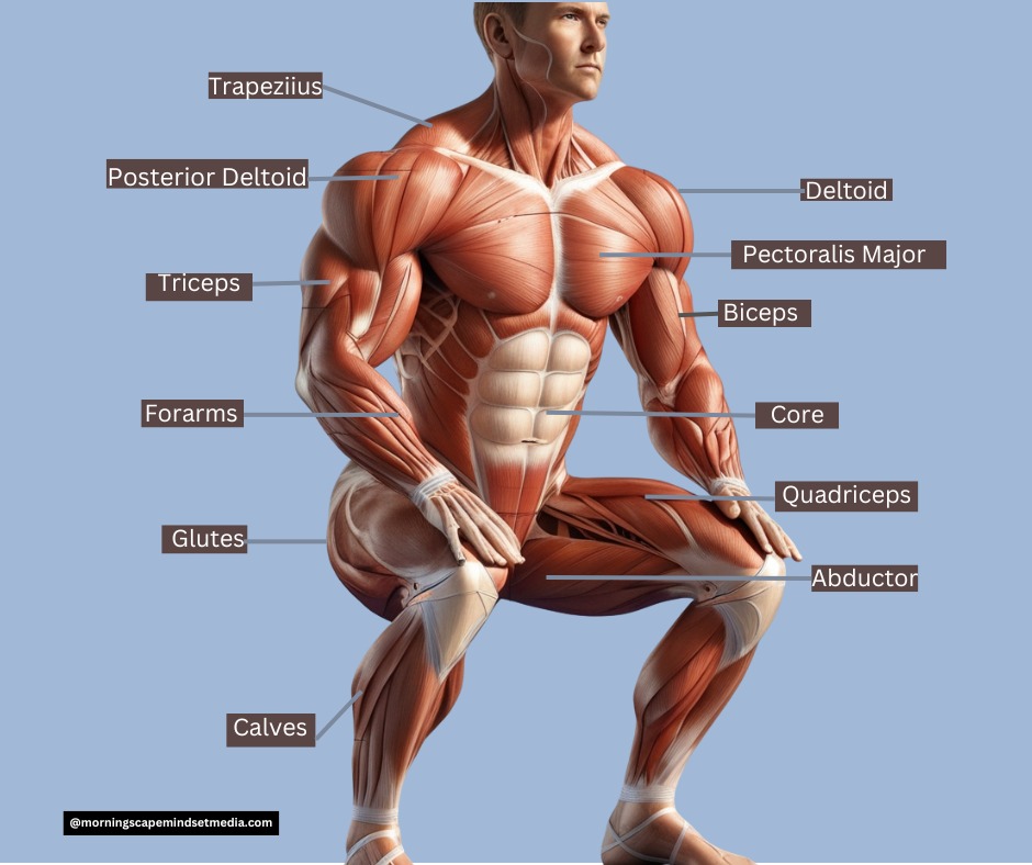 A diagram illustrating the primary muscle groups activated during squats, including the quadriceps, hamstrings, glutes, and core.