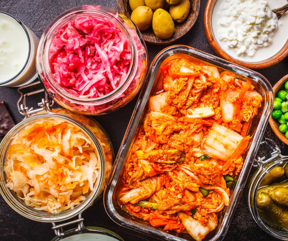 Display various fermented foods Fermented foods like yogurt, kimchi, and kombucha to support a balanced microbiome.