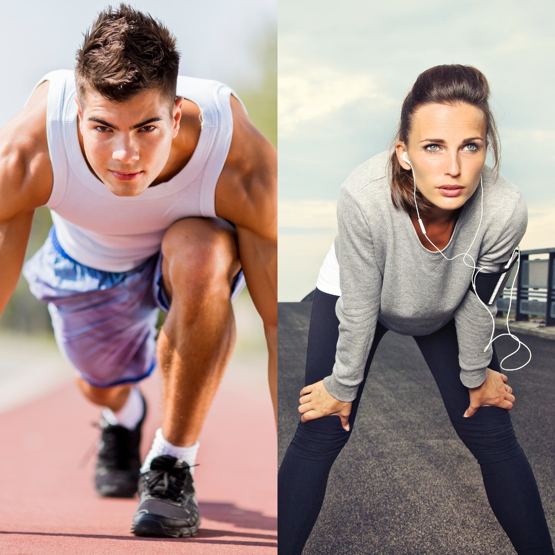 A split image of a motivated person ready to exercise and the same person showing determination during a workout.