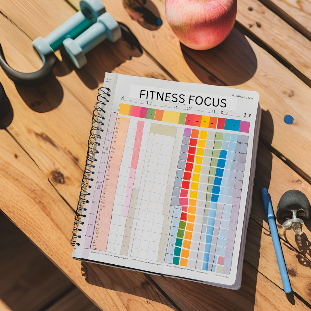  A close-up of a fitness journal showing workout logs and progress tracking.