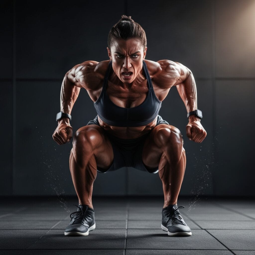Person performing a high-intensity jump squat, representing dedication to a total body transformation.