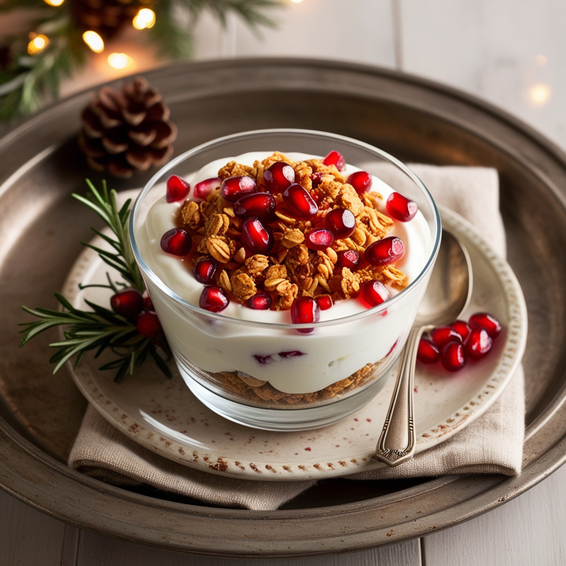 Greek yogurt parfait layered with granola and pomegranate seeds, perfect as a festive and healthy holiday treat.