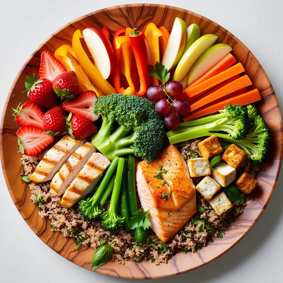 A colorful plate of healthy foods including fruits, vegetables, whole grains, and lean proteins.