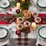 A festive spread of nutritious holiday treats like dark chocolate bark, oatmeal cookies, and Greek yogurt parfaits on a decorated holiday table.