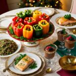 Holiday table with colorful nutritious dishes including bell peppers, salmon, and chocolate mousse."