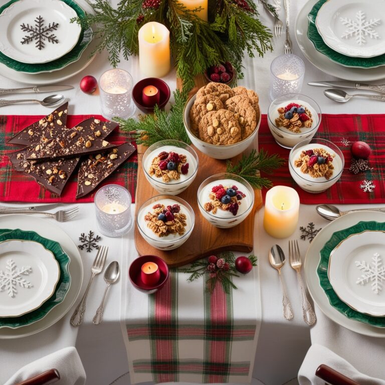 A festive spread of nutritious holiday treats like dark chocolate bark, oatmeal cookies, and Greek yogurt parfaits on a decorated holiday table.