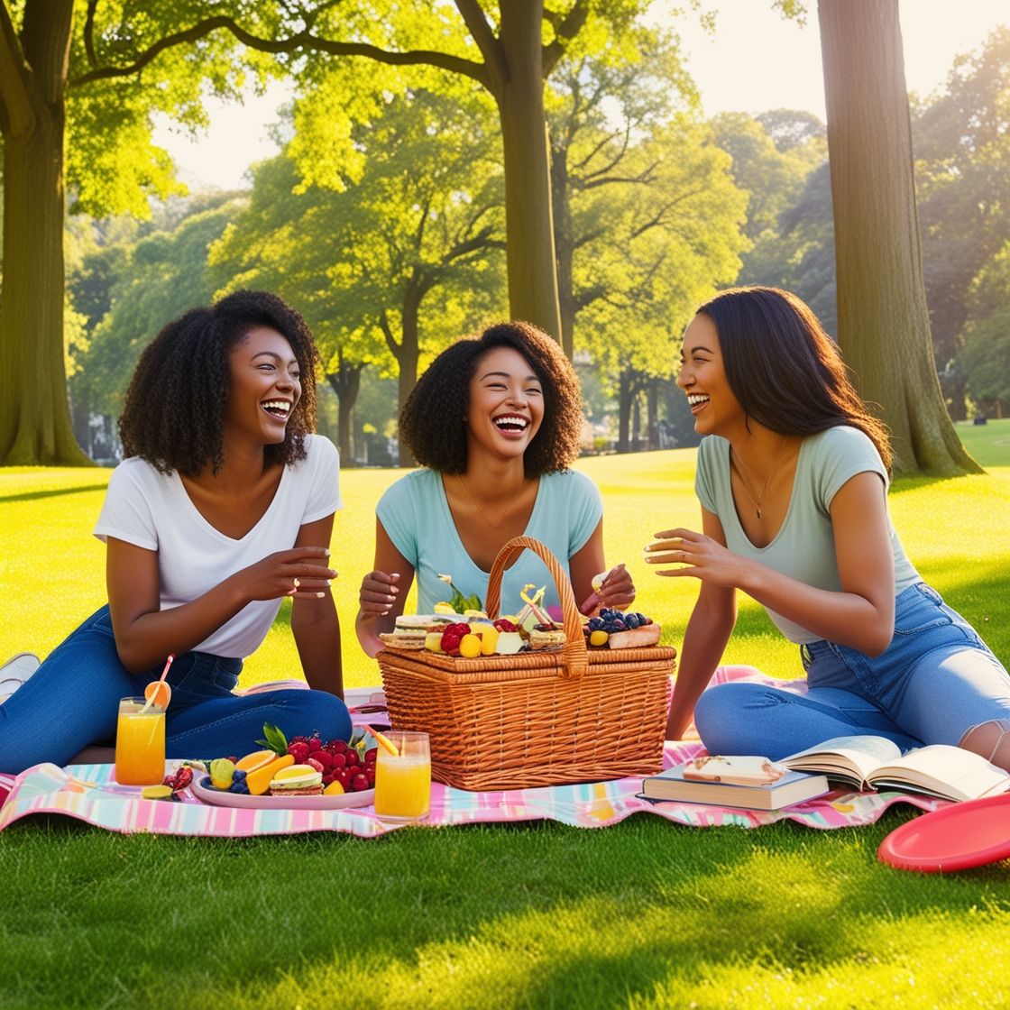 A_vibrant_and_serene_scene_of_three_friends_t_0 Friends enjoying a healthy picnic in a park, showcasing the social aspect of wellness."