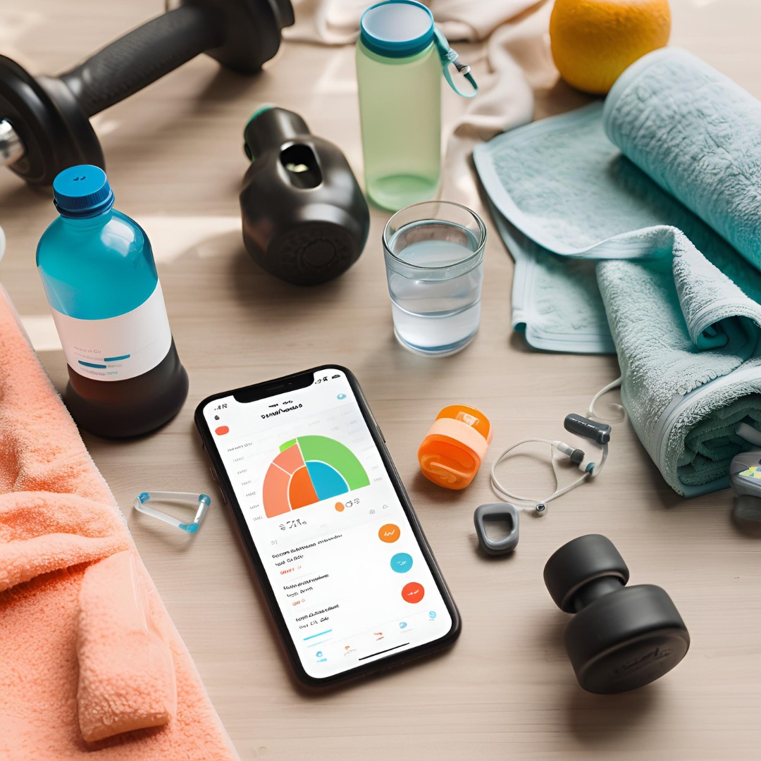 A fitness app screen tracking workout progress, surrounded by gym essentials like a towel and water bottle.