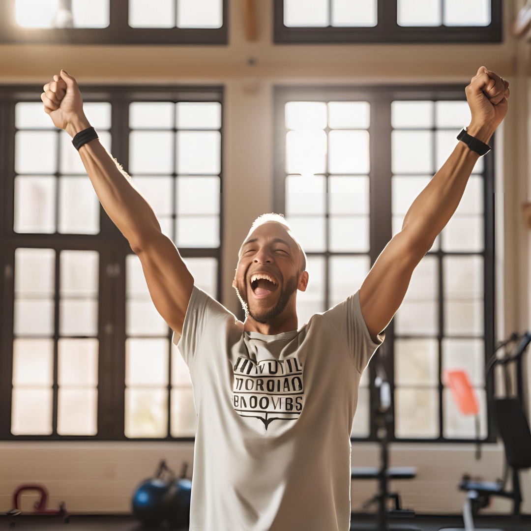 A person celebrating fitness milestones with a trophy, highlighting the importance of small wins.