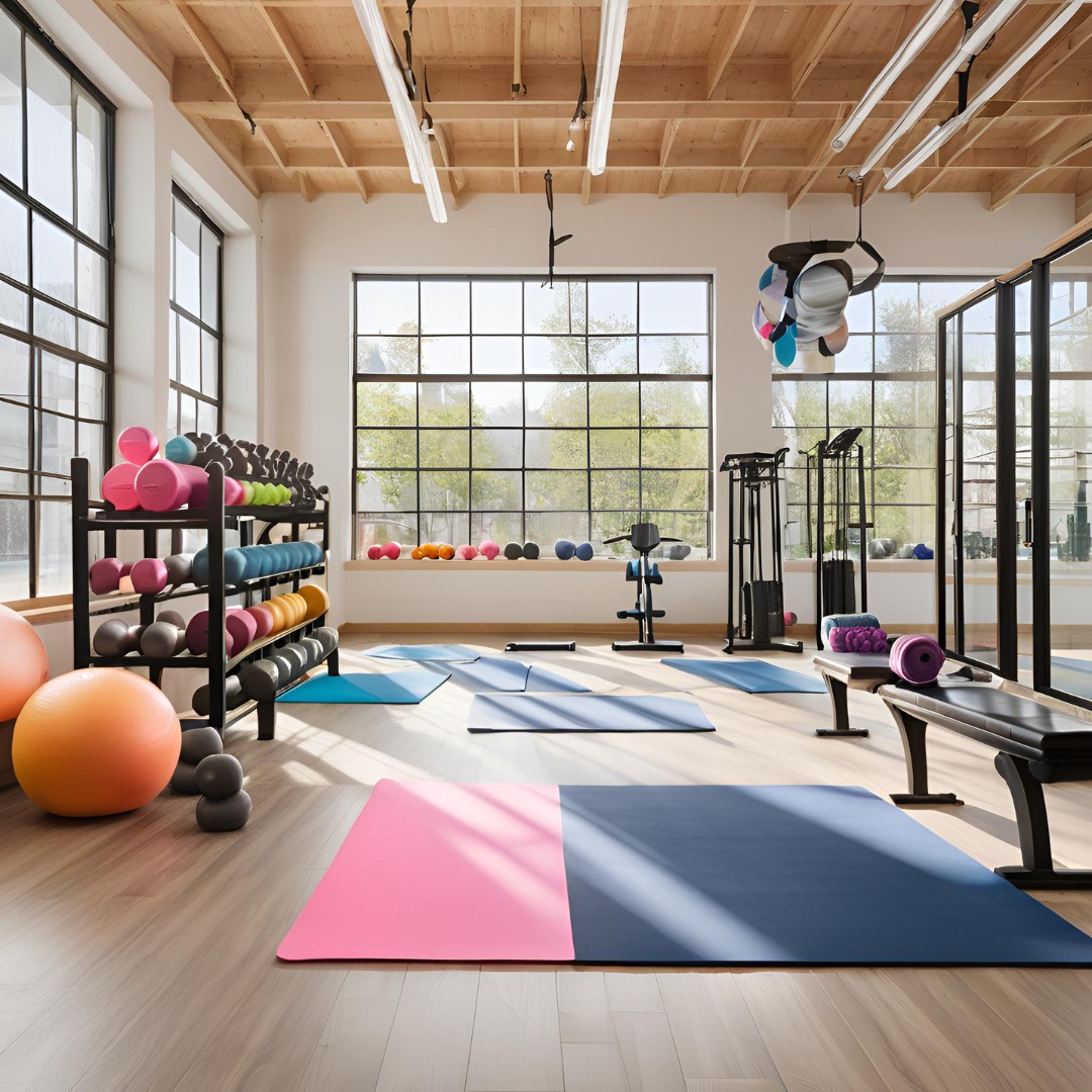 A variety of fitness equipment, including dumbbells, resistance bands, and a yoga mat, displayed in an organized manner.