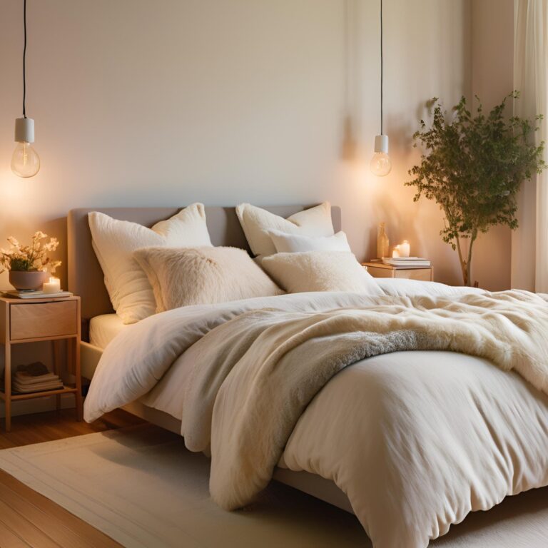 Calm bedroom setting optimized for sleep with soft lighting and cozy bedding