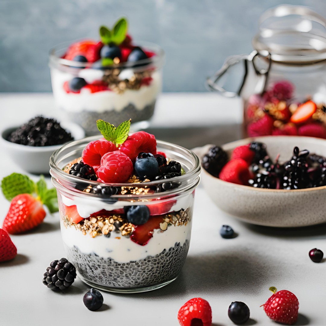 Greek yogurt parfait with berries and chia seeds Greek yogurt parfait with berries and chia seeds, a healthy breakfast option for busy professionals.