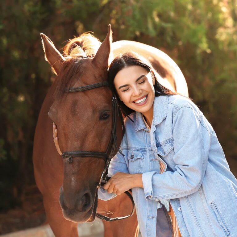 Individual engaging in equine therapy by brushing a horse in a tranquil pasture