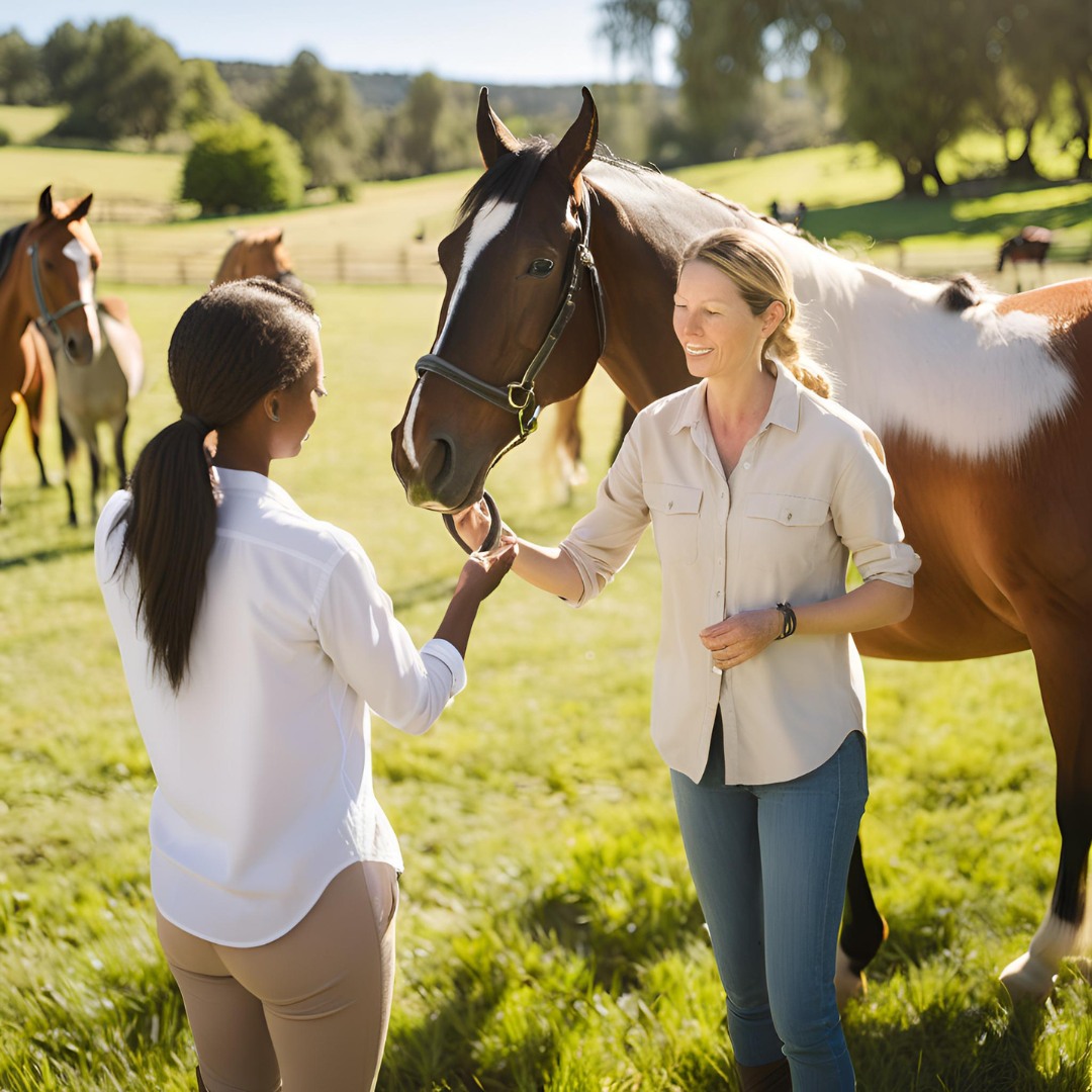 Therapist facilitating an equine therapy session with participants and horses.