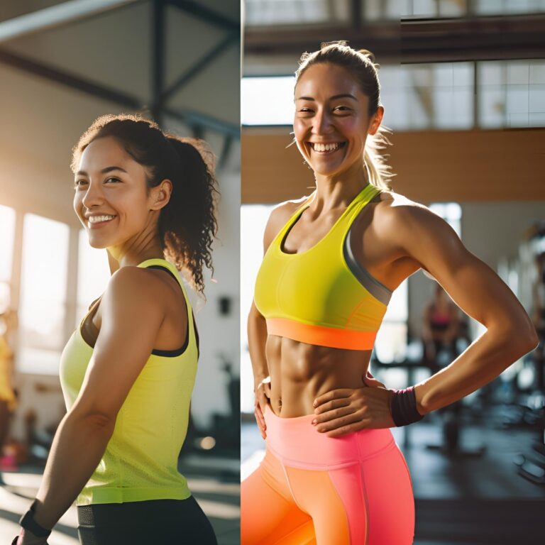 A split image of a motivated person ready to exercise and the same person showing determination during a workout.