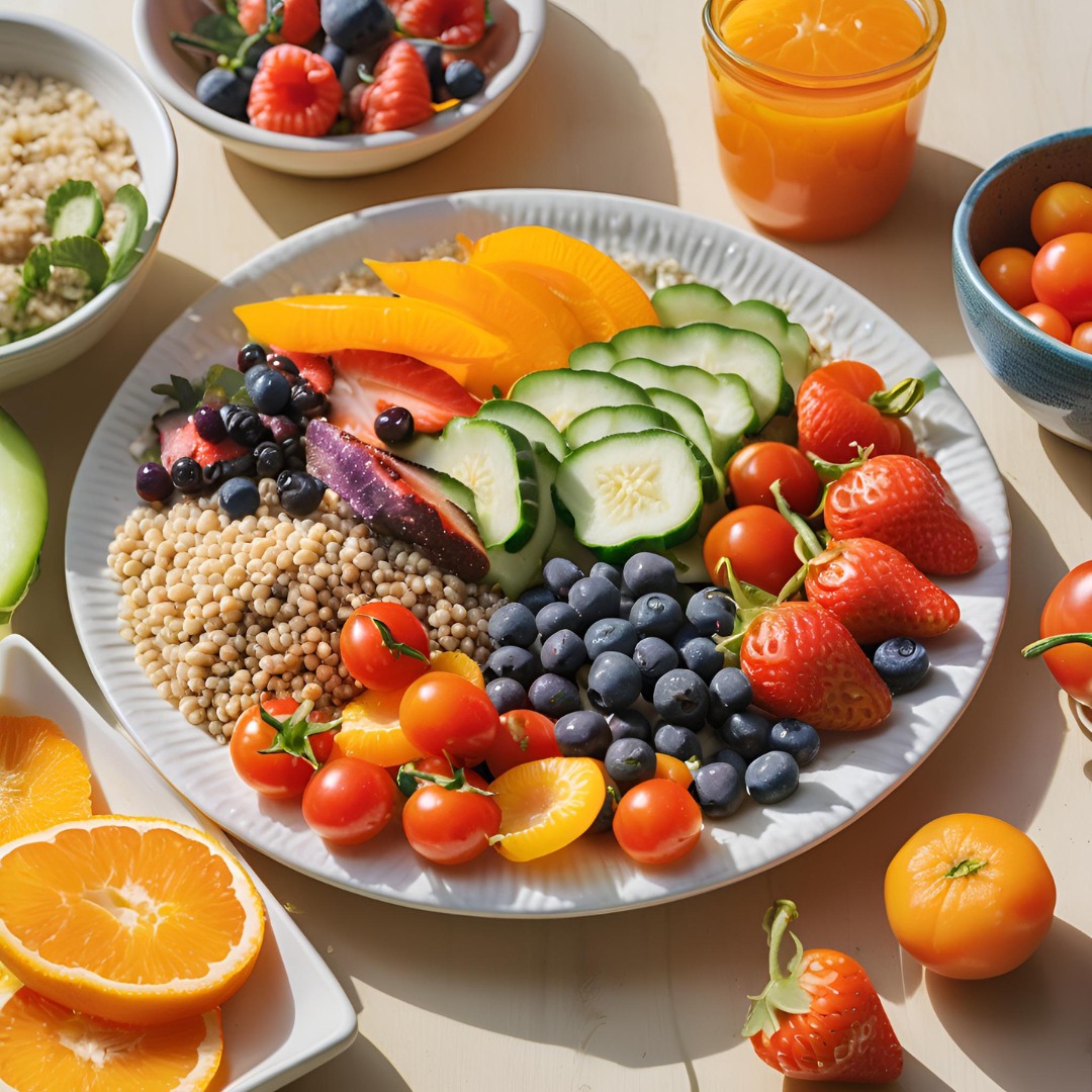 A balanced meal with colorful fruits, vegetables, and lean proteins, highlighting the importance of nutrition in self-care.