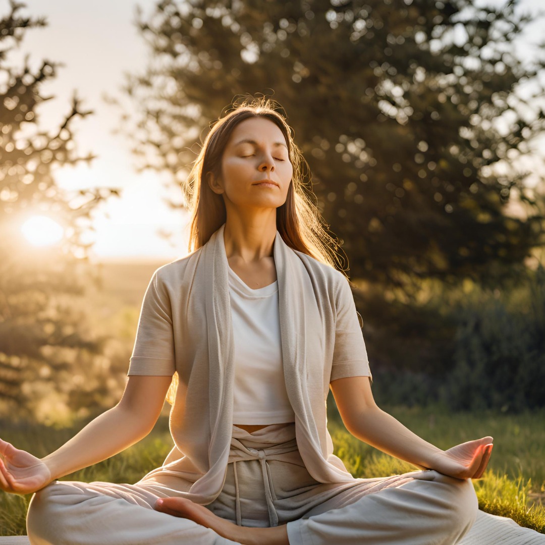 Person meditating outdoors at sunrise, symbolizing the importance of self-care and mindfulness.