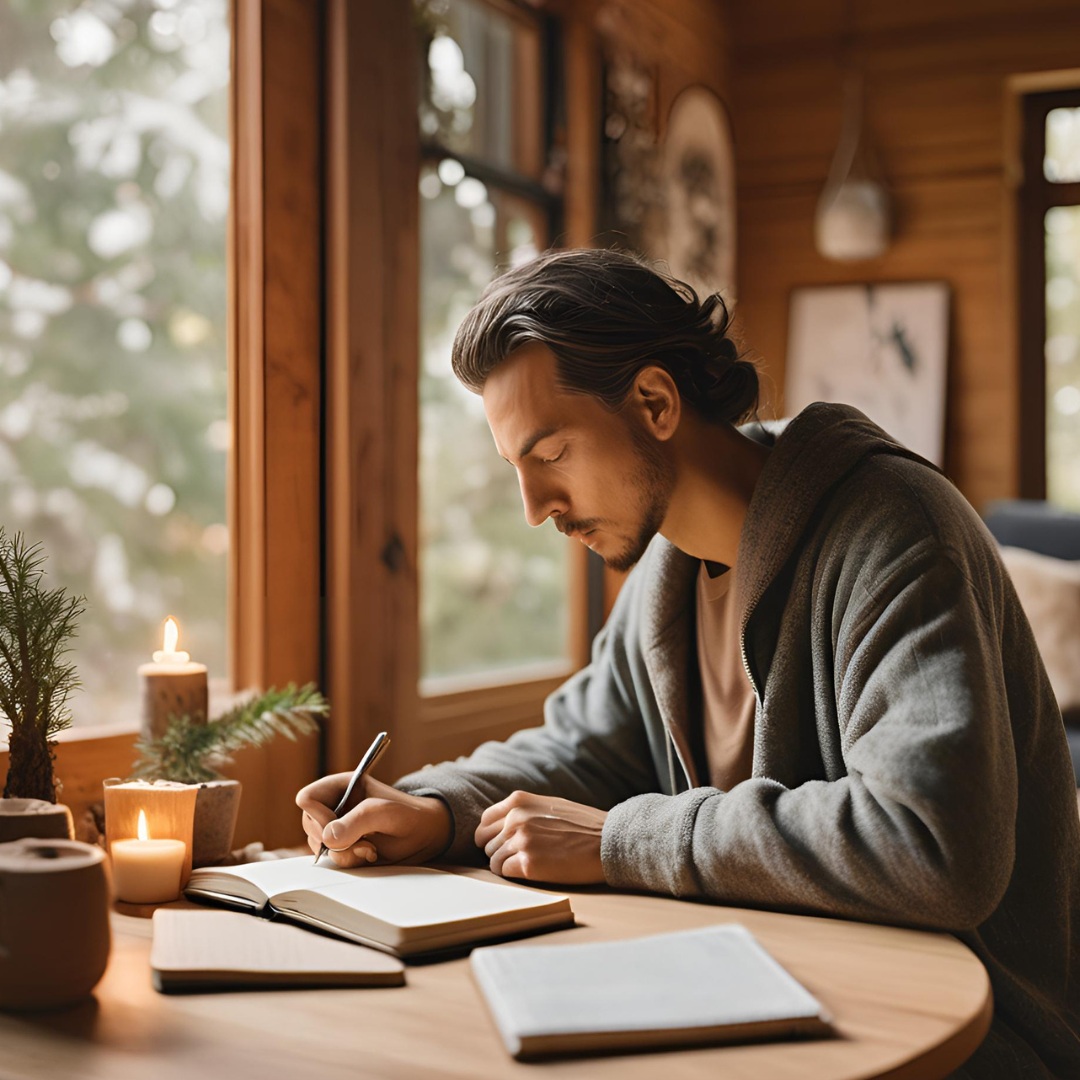 Person journaling in a cozy space, illustrating mindfulness and self-reflection as key aspects of self-care