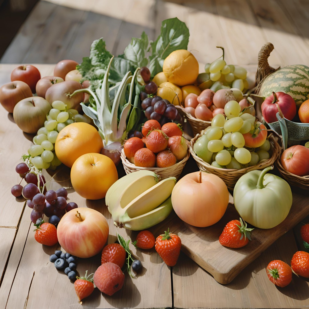 A variety of fresh fruits and vegetables on a wooden table.