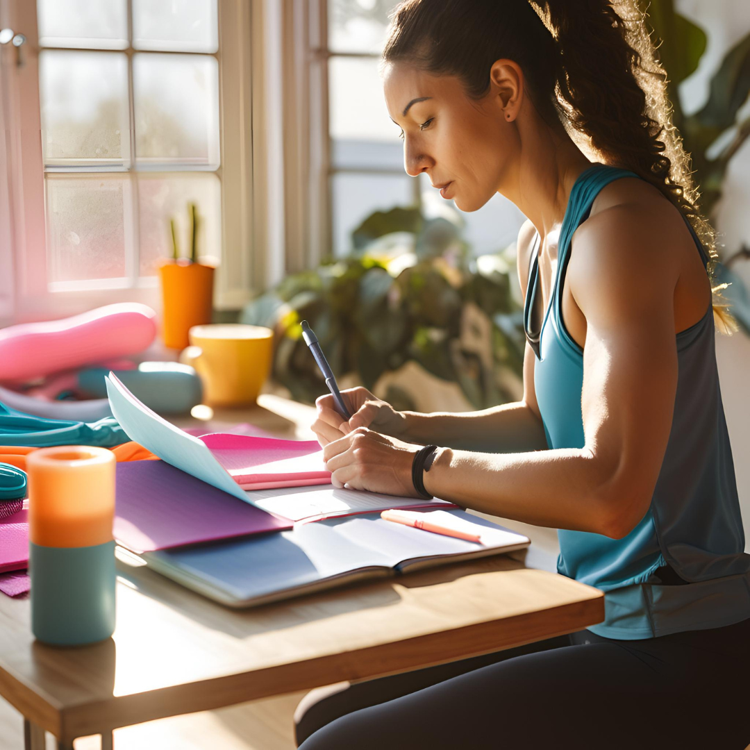 Person writing in a customizable workout planner with fitness gear on the table.