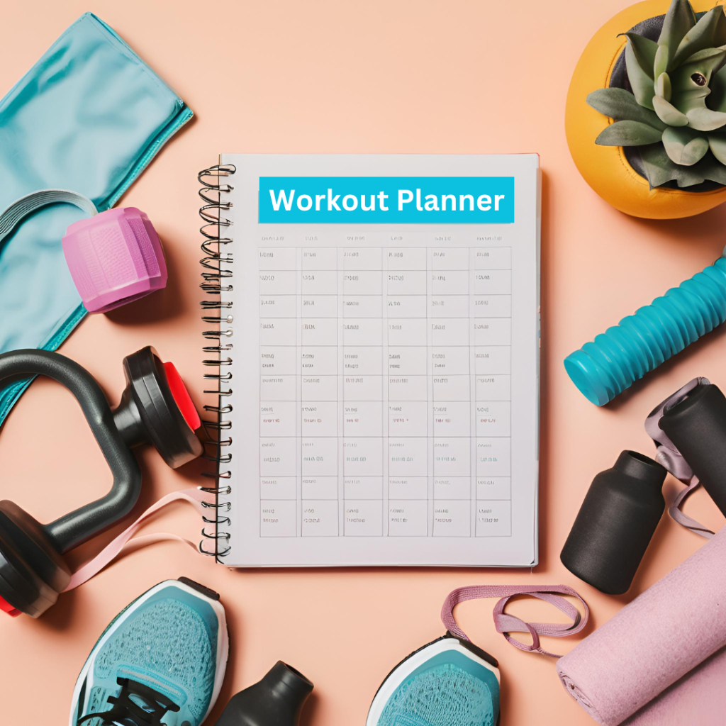 Customizable workout planner with fitness gear on a bright surface, symbolizing motivation and health planning.