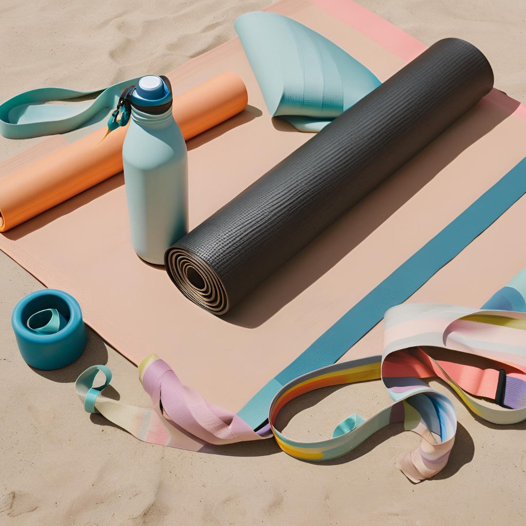 Fitness and wellness accessories including a yoga mat and resistance bands