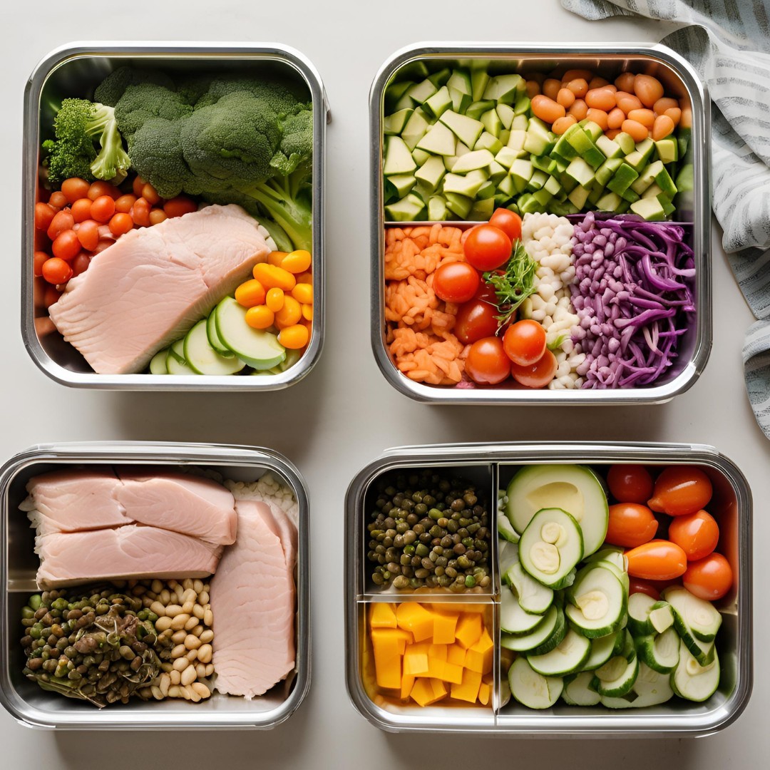 Side-by-side comparison showing the transformation from raw ingredients to organized, prepared meals for the week