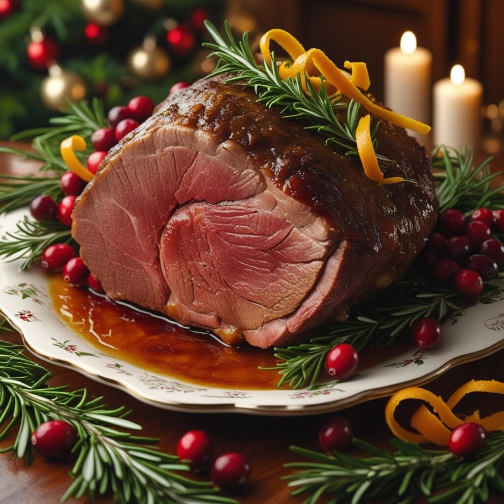 A golden-brown prime rib roast surrounded by festive garnishes, ready to be served.
