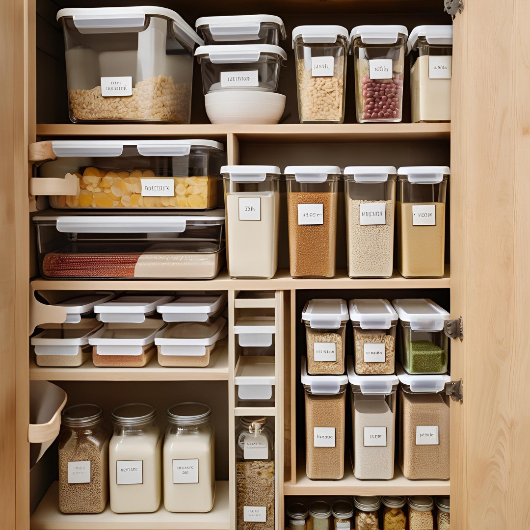 An aesthetically pleasing pantry organization system featuring clear containers, proper labeling, and efficient use of space