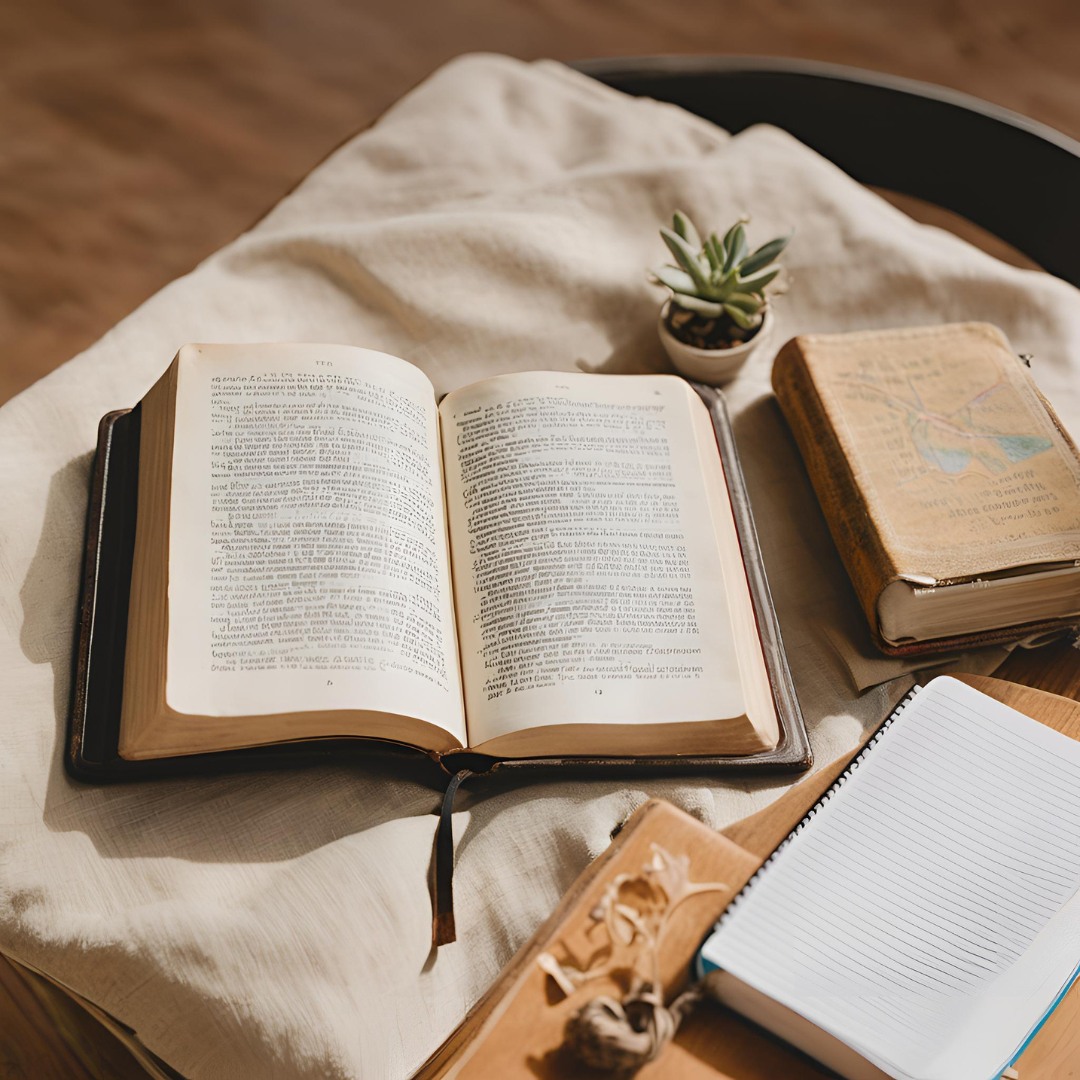 An open Bible with a notebook on a table, contrasting Christian meditation with New Age practices.