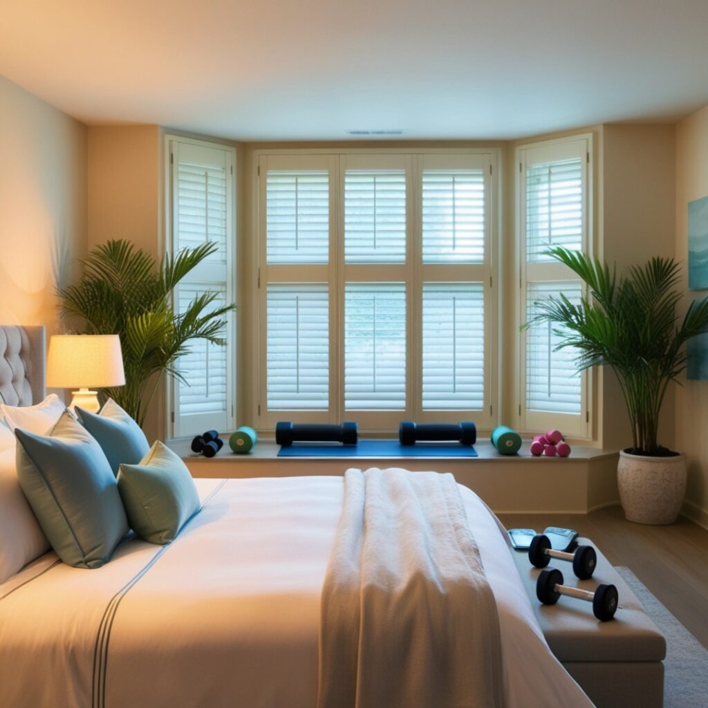 A tranquil bedroom A tranquil bedroom setup to encourage restful sleep after exercise.